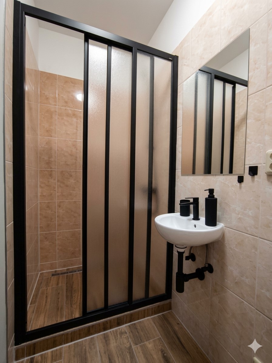 Čelní pohled na koupelnu s černým designovým sprchovým koutem v ubytování Důl Obecnice